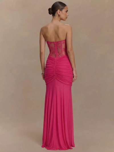 Sheer Ruched Strapless Maxi Dress