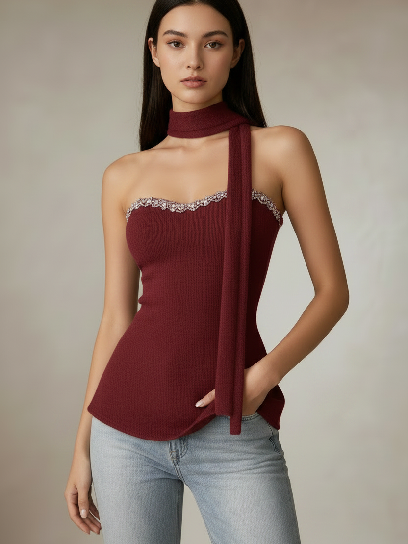 Crystal Trim Halter Peplum Top by Exclusives, burgundy knit blouse with crystal neckline