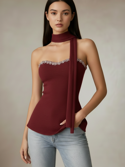 Crystal Trim Halter Peplum Top by Exclusives, burgundy knit blouse with crystal neckline