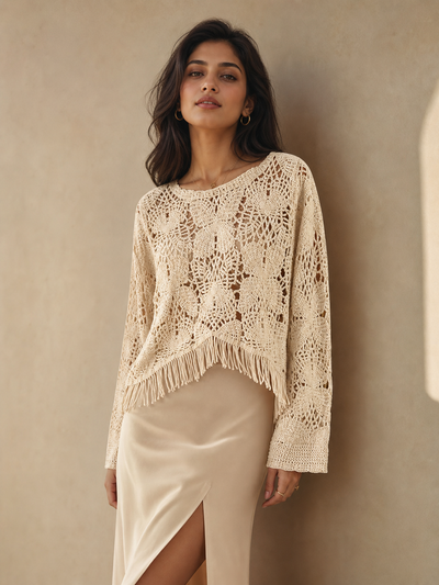 Butterfly Hollow CutOut Tassel Crochet Top by Exclusives, cream crochet knit with fringe hem and long sleeves, on sale.