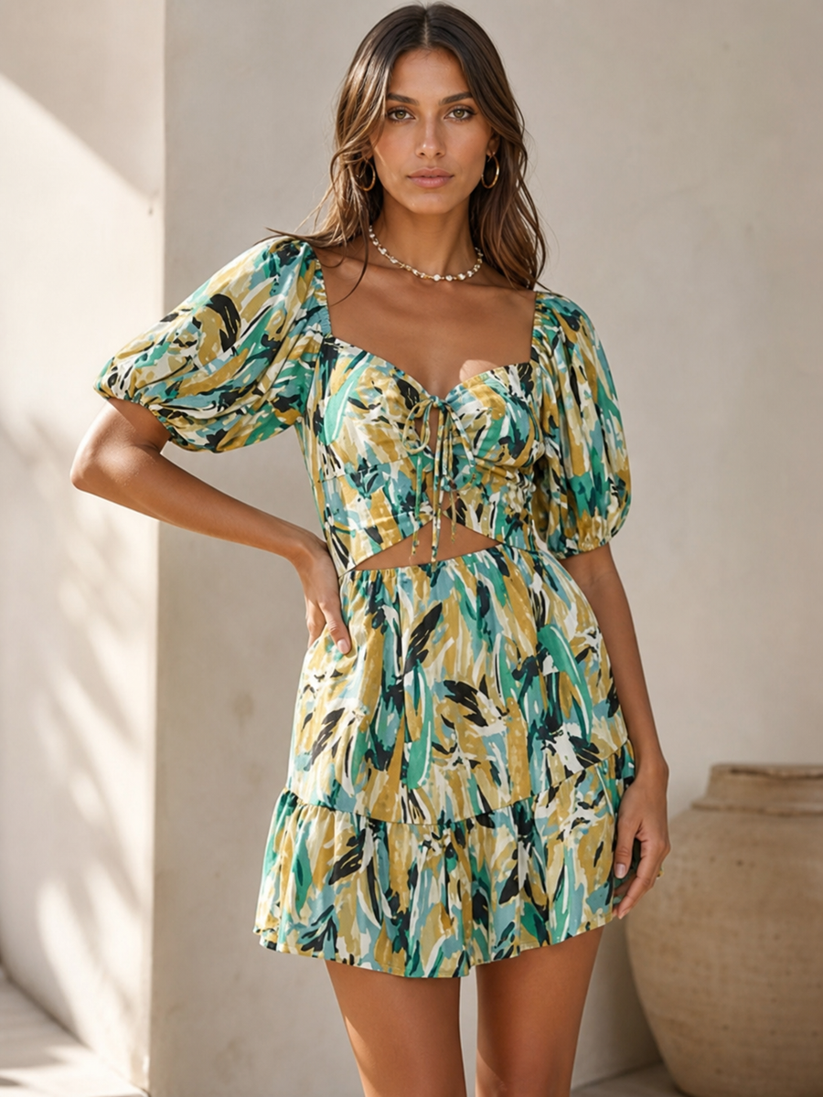 SR Store Floral CutOut Mini Short Dress on model; green-yellow abstract floral print, puff sleeves, front tie cutout