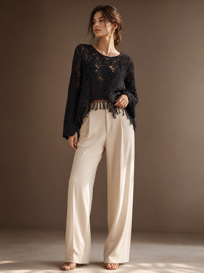 Butterfly Hollow CutOut Tassel Crochet Top, black with fringe hem, on sale