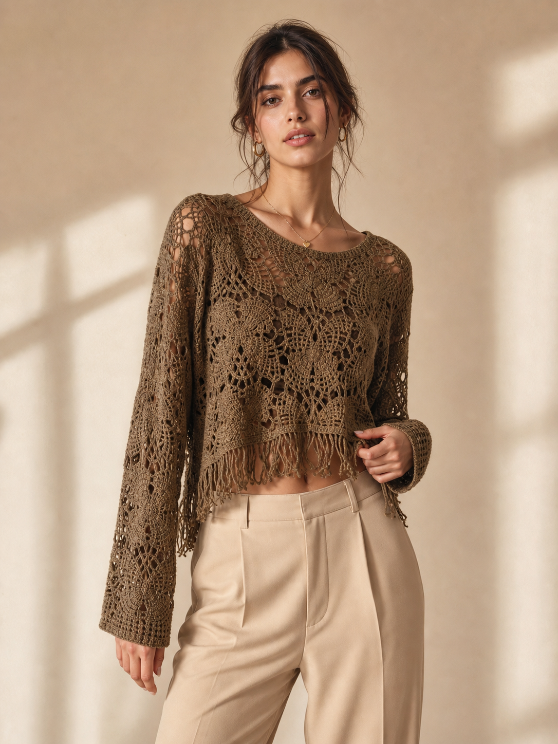 Butterfly Hollow CutOut Tassel Crochet Top in brown with fringe hem, long-sleeve crochet crop.