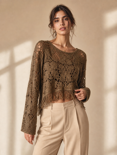Butterfly Hollow CutOut Tassel Crochet Top in brown with fringe hem, long-sleeve crochet crop.