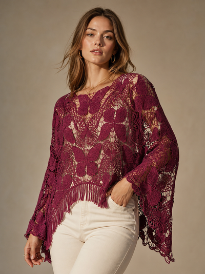 Butterfly Hollow CutOut Tassel Crochet Top by Exclusives, magenta crochet lace, tops on sale