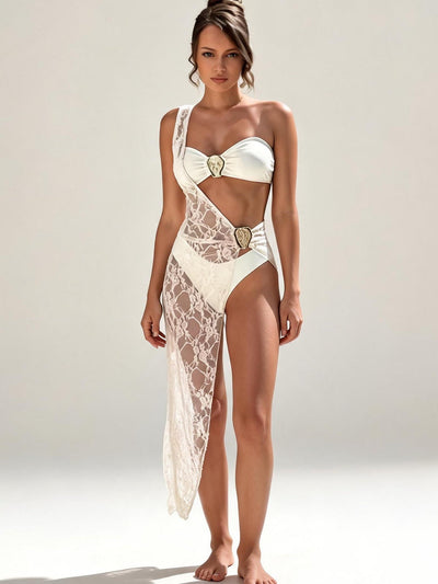 Coastal Lace Cut-Out Swimsuit Set bikini on sale by Exclusives; white lace with gold heart accents.