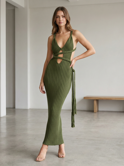 Braided Strap Ribbed Knit Cutout Bodycon Dress