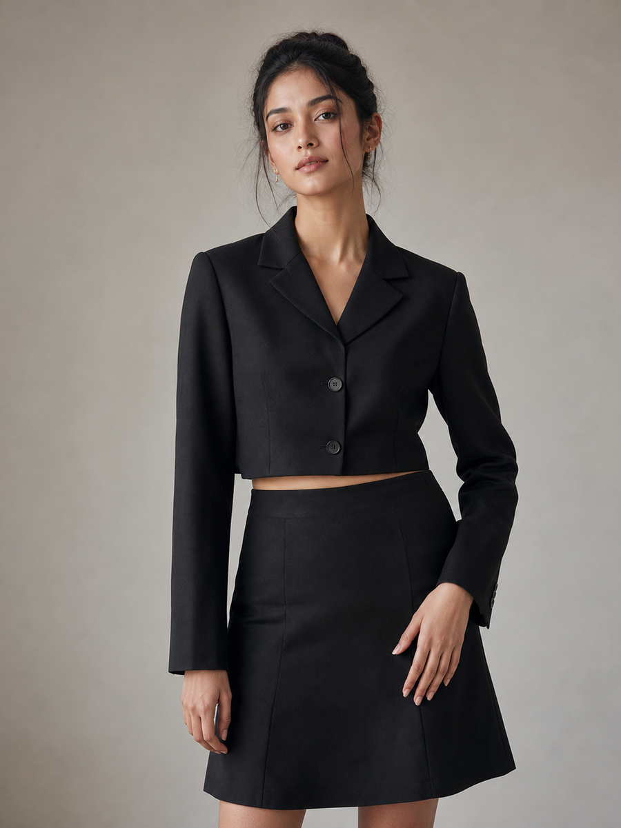 Cropped blazer and mini skirt combo set in black by Exclusives (2-piece)