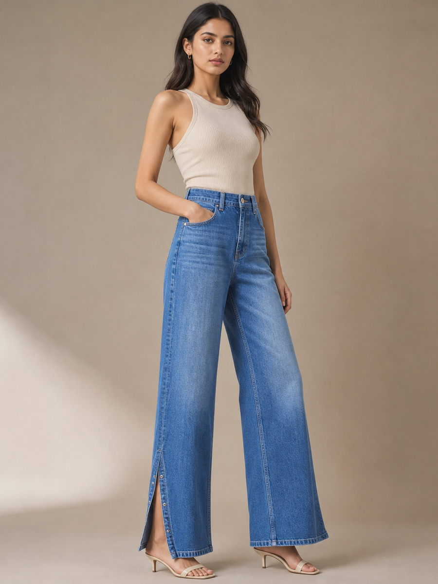 Blue high-waist wide-leg denim pants with side-cut detail by Exclusives.