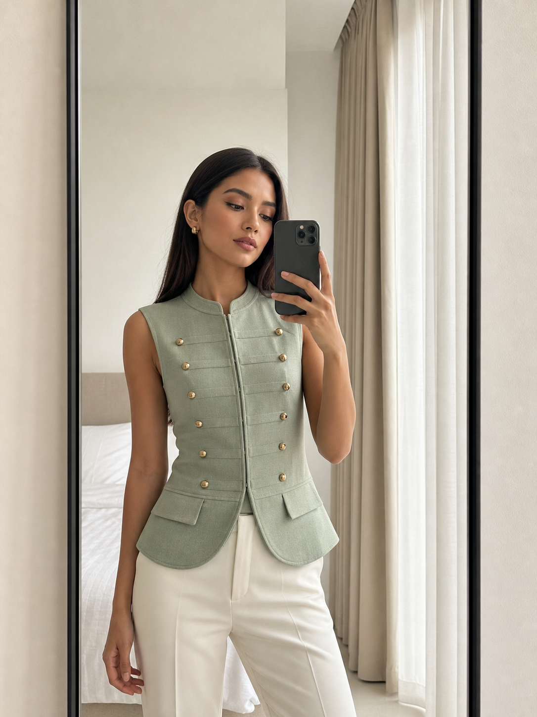 Regal Brass Button Vest Top in sage green, sleeveless with two vertical rows of gold-tone buttons