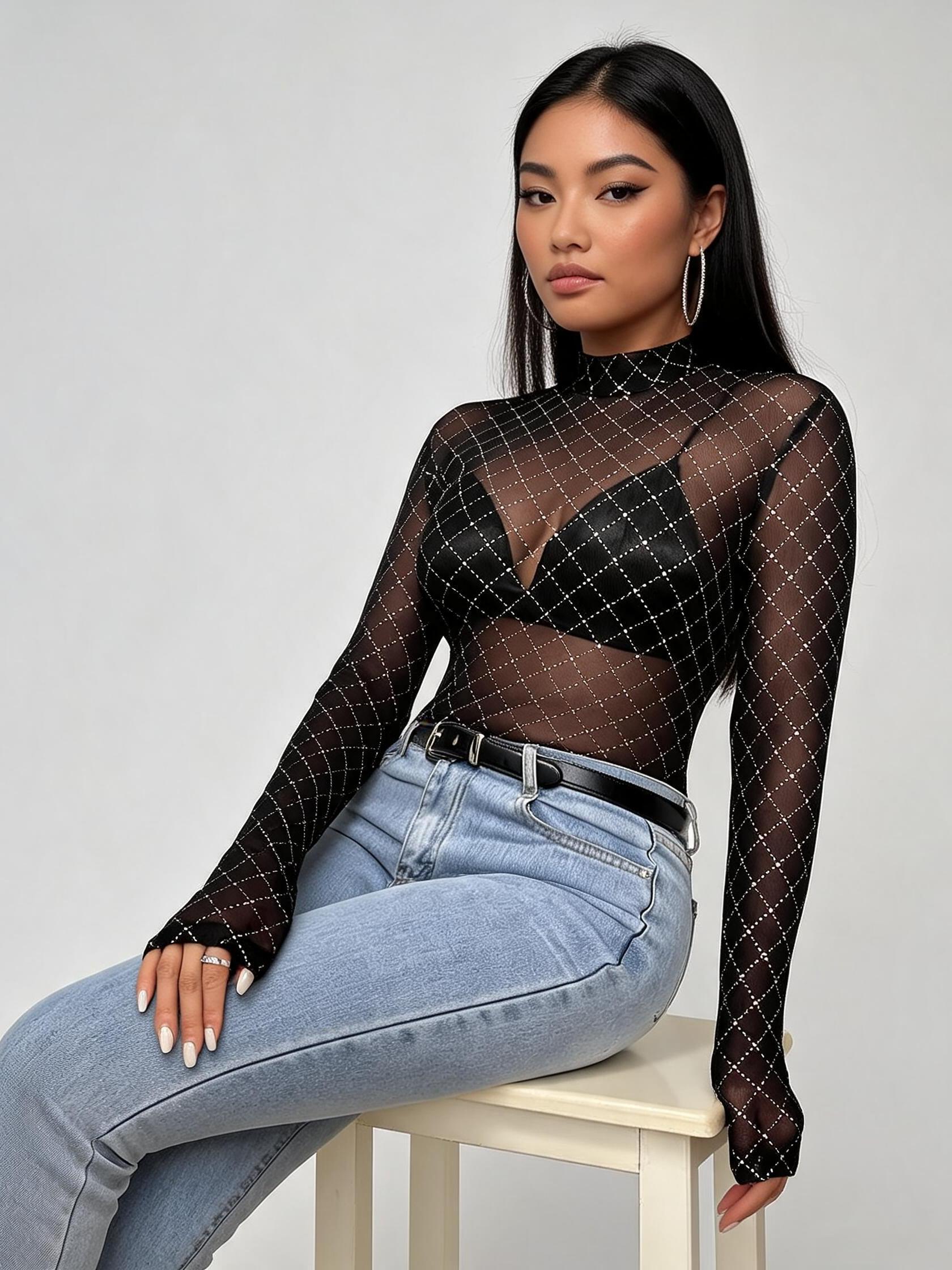 Rhinestone Mesh Bodysuit Top by SR Store, black sheer long-sleeve with diamond lattice pattern