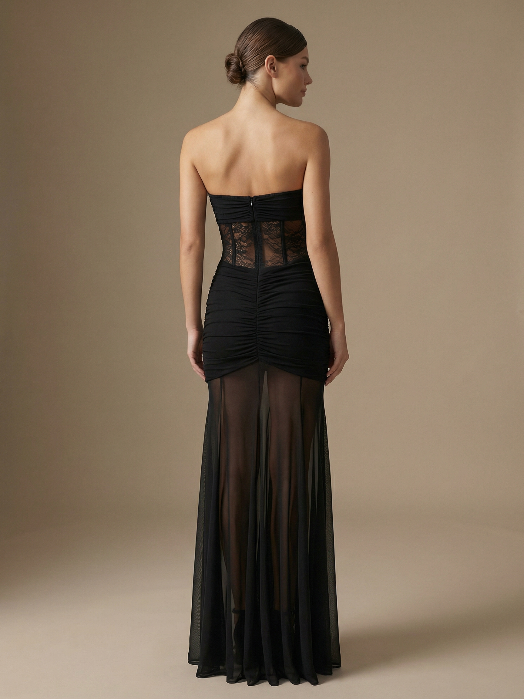 Sheer Ruched Strapless Maxi Dress