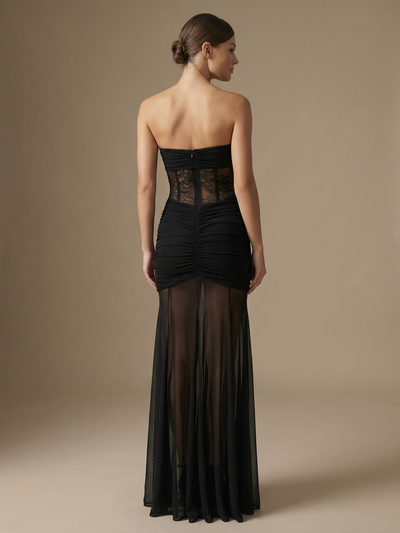 Sheer Ruched Strapless Maxi Dress