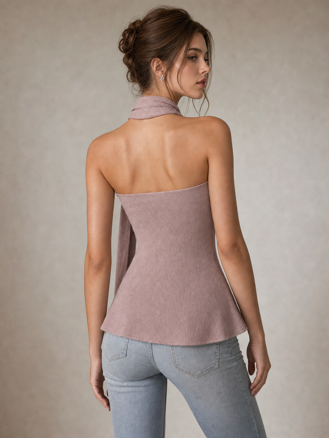 Crystal Trim Halter Peplum Top in dusty rose knit, back view