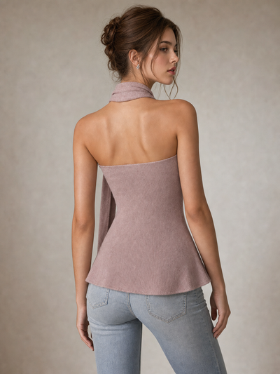 Crystal Trim Halter Peplum Top in dusty rose knit, back view