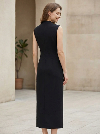 Crystal Clasp Cutout Column Midi Dress by Exclusives; black sleeveless midi dress.