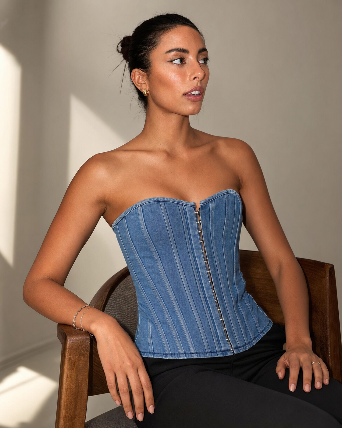 Lace Up Denim Corset Top Exclusives, strapless blue striped denim tank with front lace-up closure