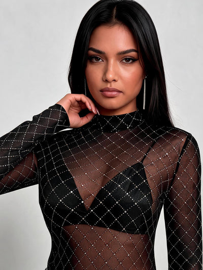 Rhinestone mesh bodysuit top in black sheer grid by SR Store with sparkling rhinestone accents