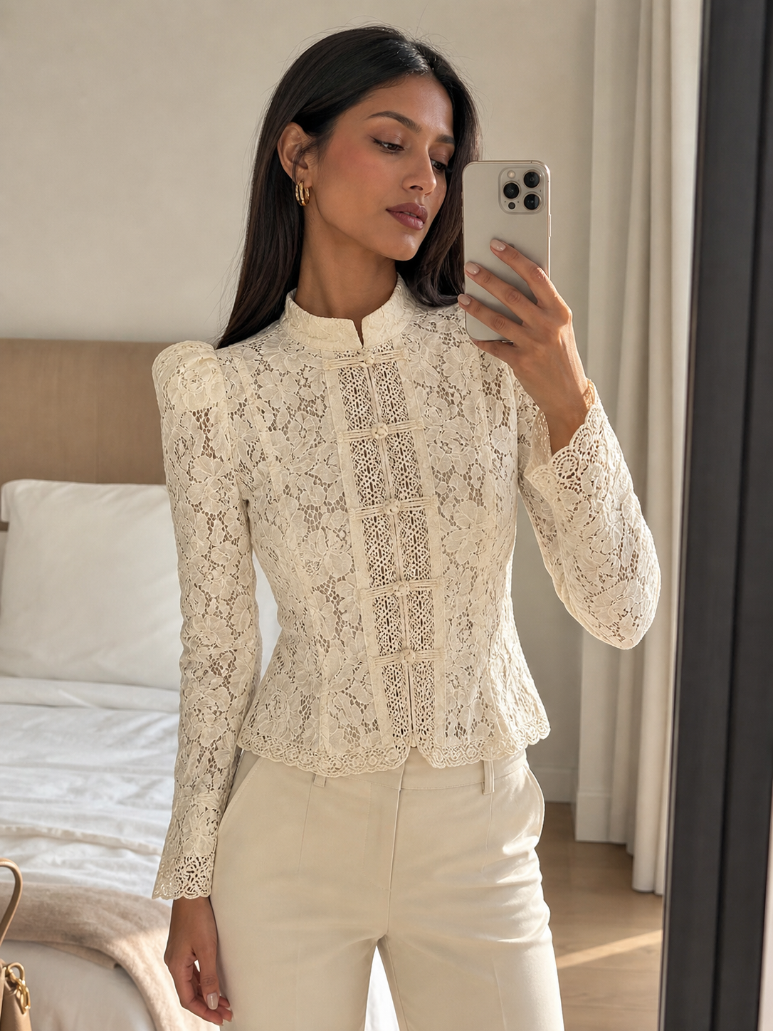 Victorian Lace High-Neck Blouse by Exclusives in ivory lace, long sleeves