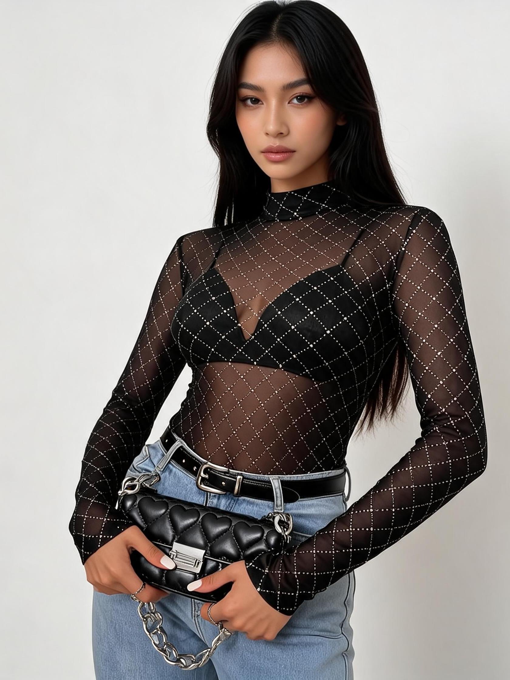 Rhinestone Mesh Bodysuit Top by SR Store, black sheer mesh with a diamond grid pattern.