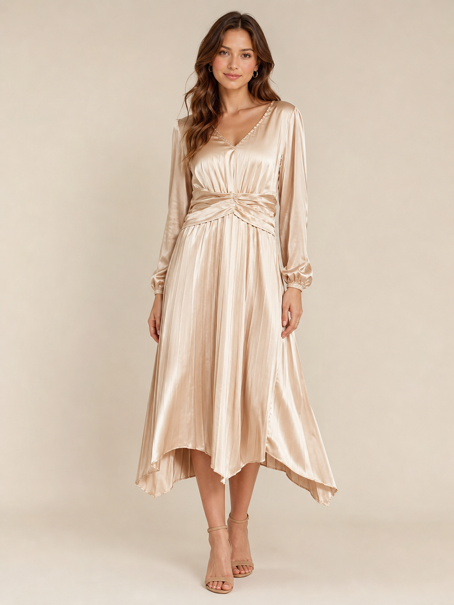 Satin Pleated Long Sleeve Dress on sale by Exclusives in champagne