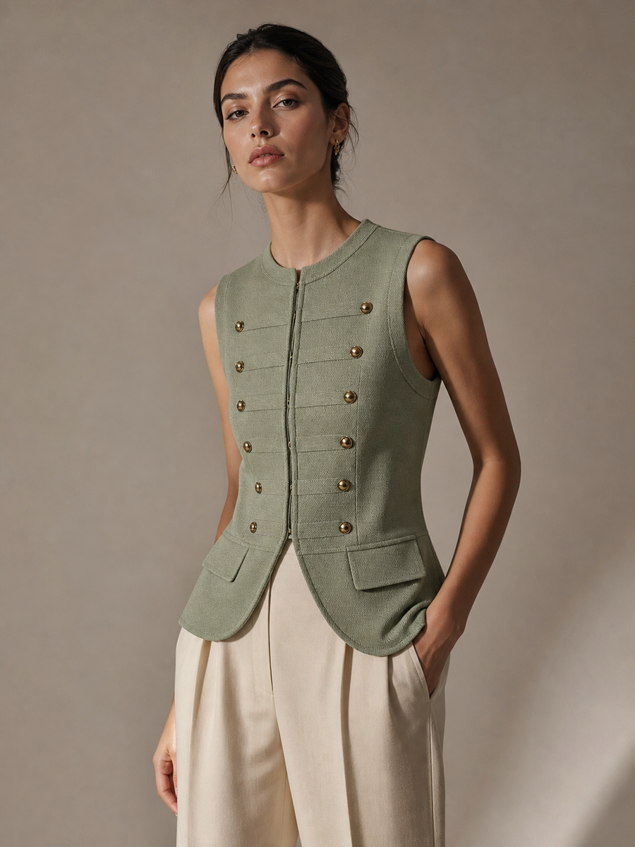 Regal Brass Button Vest Top by Exclusives in sage green textured fabric with double rows of gold-tone buttons.