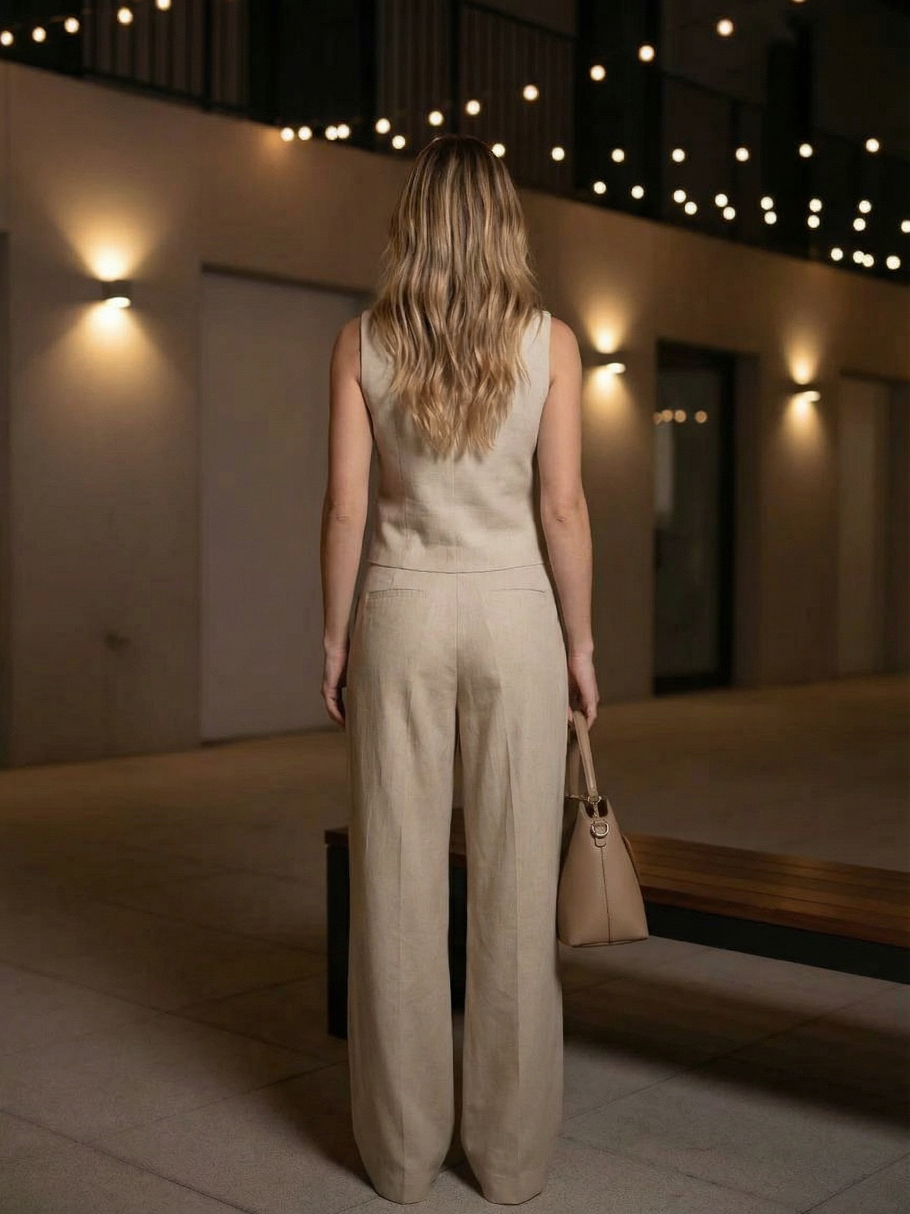 Back view of a beige sleeveless vest with wide-leg linen trousers, holding a beige bag under string lights.
