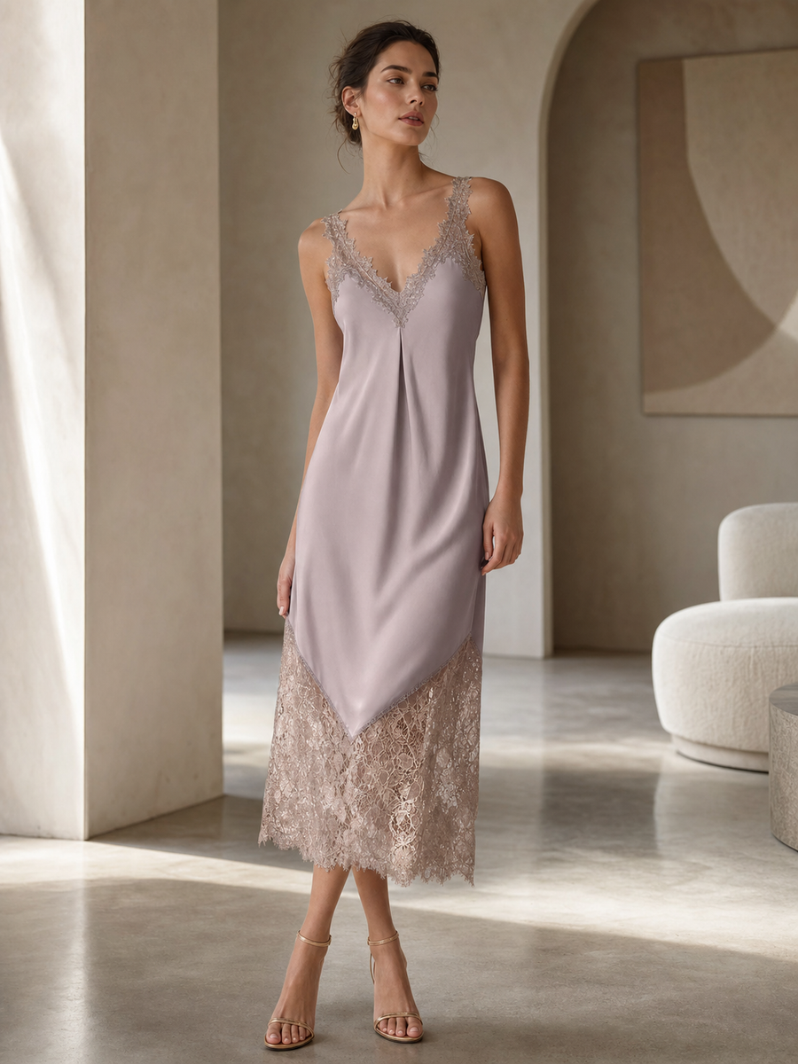 Lace Trim Asymmetrical Slip Midi Dress by Exclusives, mauve satin with lace hem