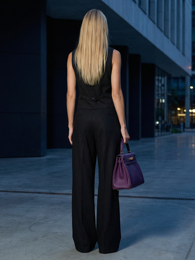 Back view of a woman in a black sleeveless vest and waistcoat with wide-leg trousers, holding a purple handbag
