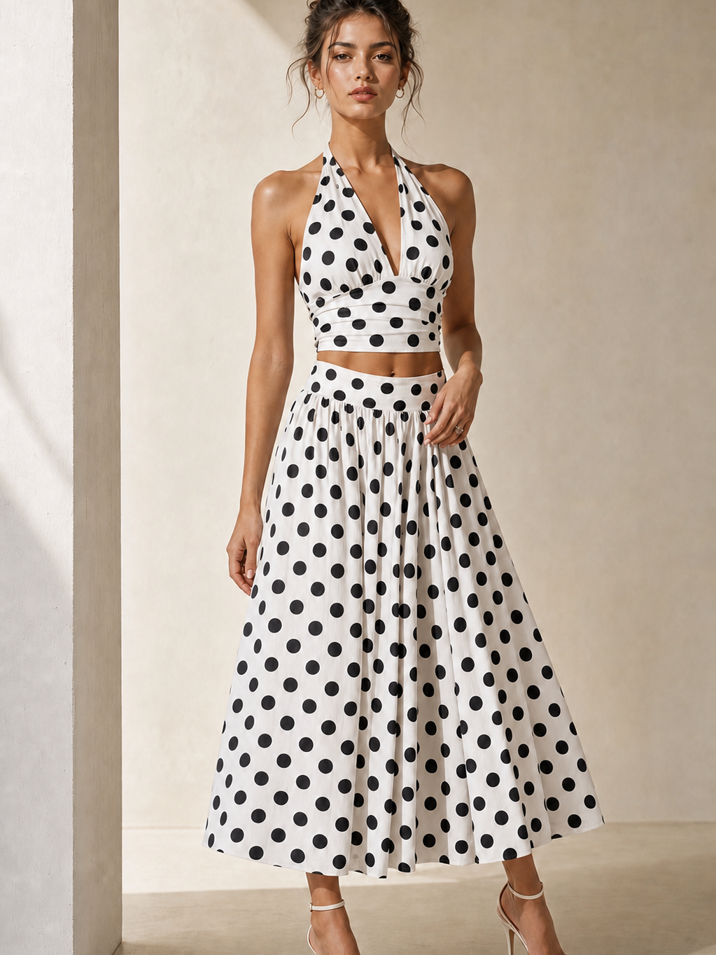 Retro polka-dot halter top and midi skirt set in white with black dots, on sale