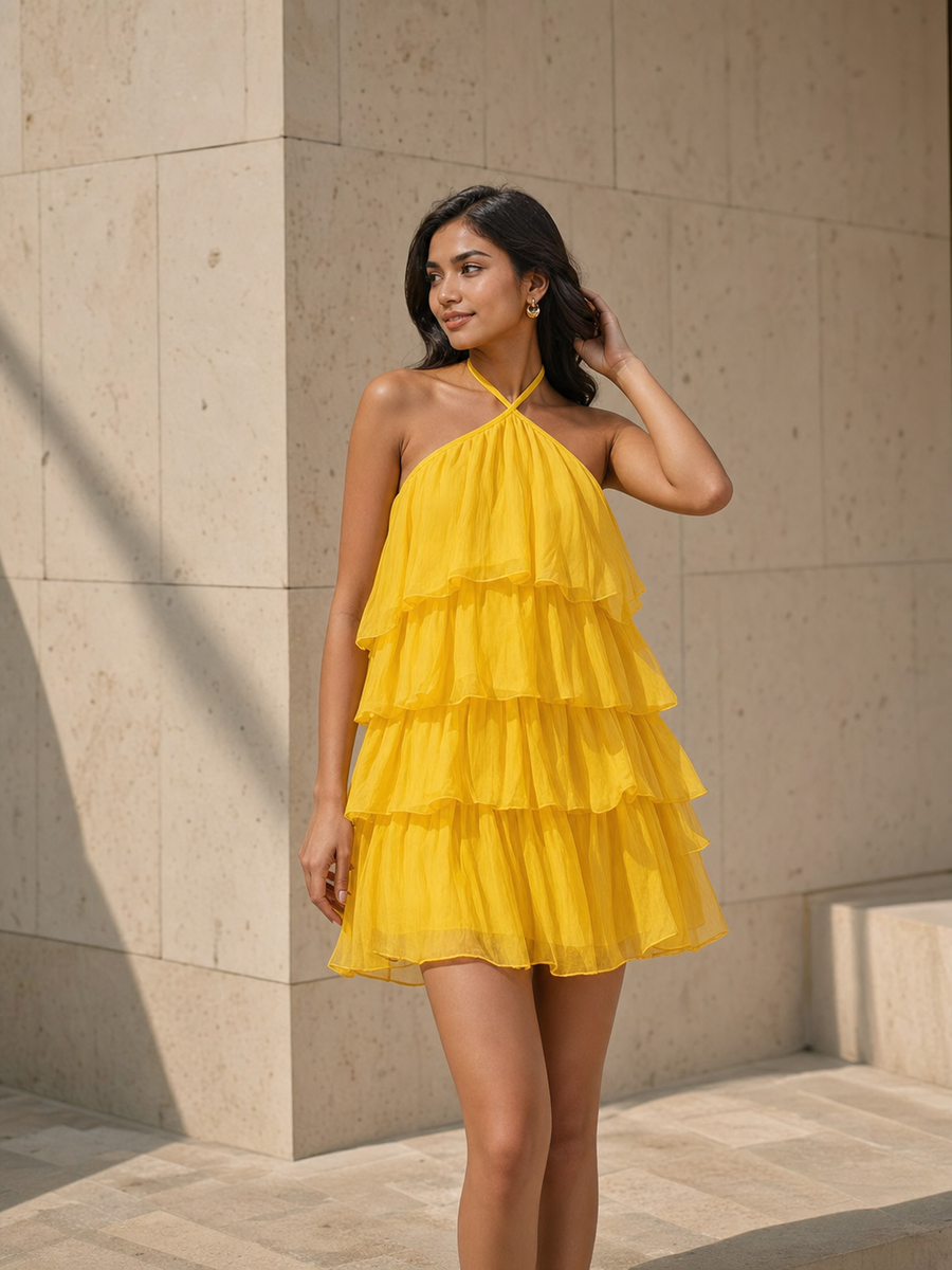 Tiered ruffle halter mini dress in yellow with multiple sheer layers.