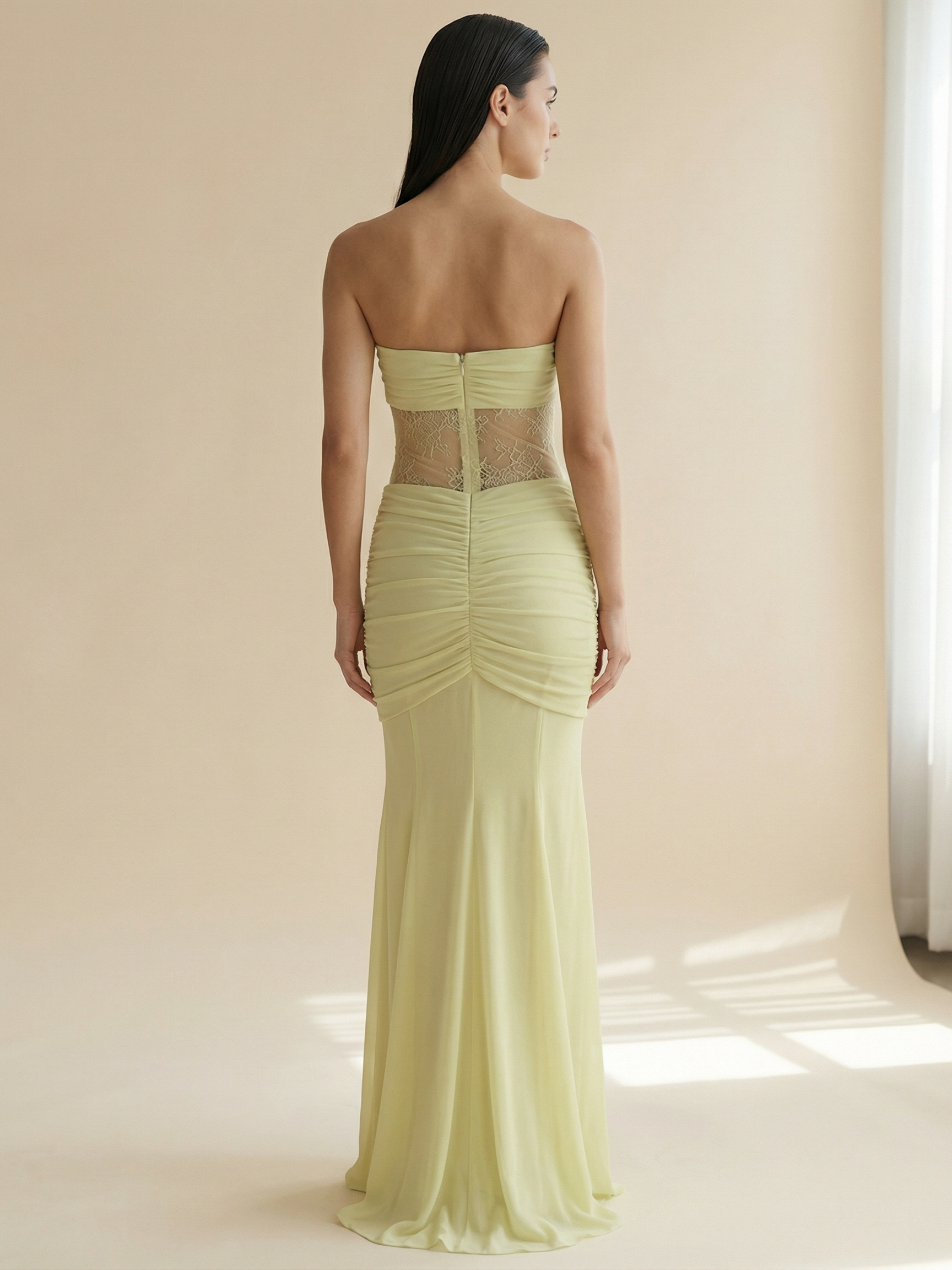 Sheer Ruched Strapless Maxi Dress