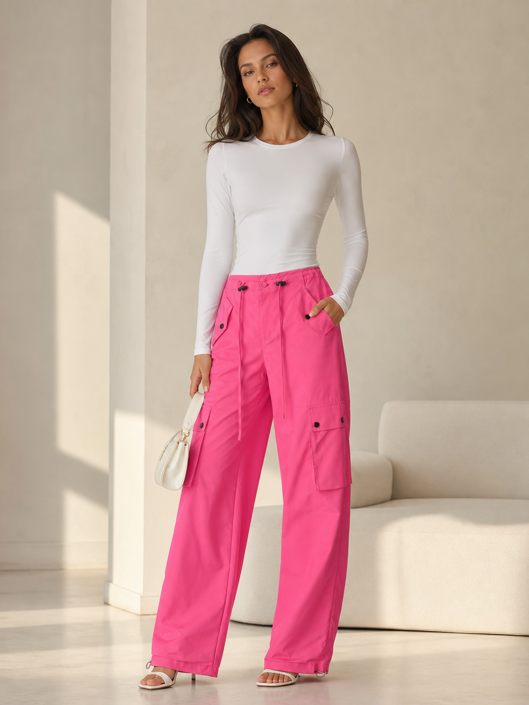 Wide Leg Cargo Pants in pink with drawstring waist and cargo pockets