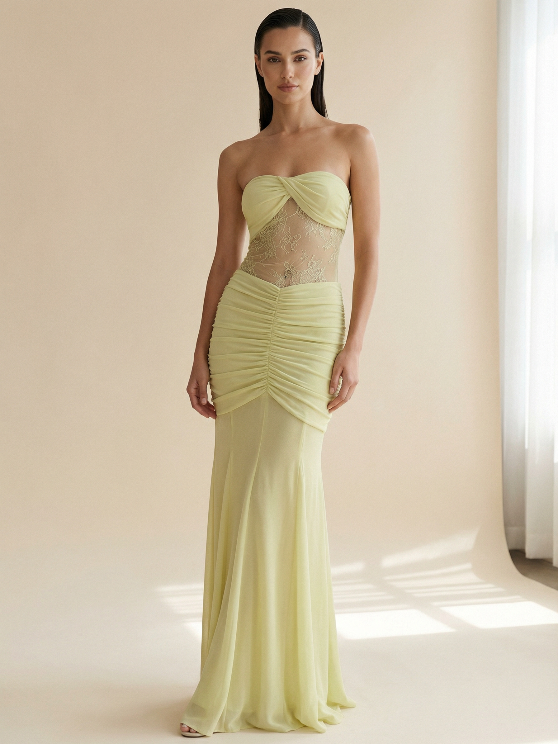 Sheer Ruched Strapless Maxi Dress