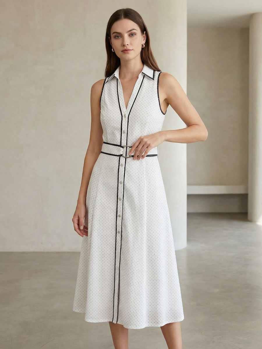 Sleeveless belted shirt midi dress with contrast piping