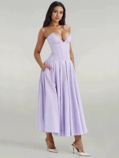 Tube Corset Pleated Flare Midi Dress