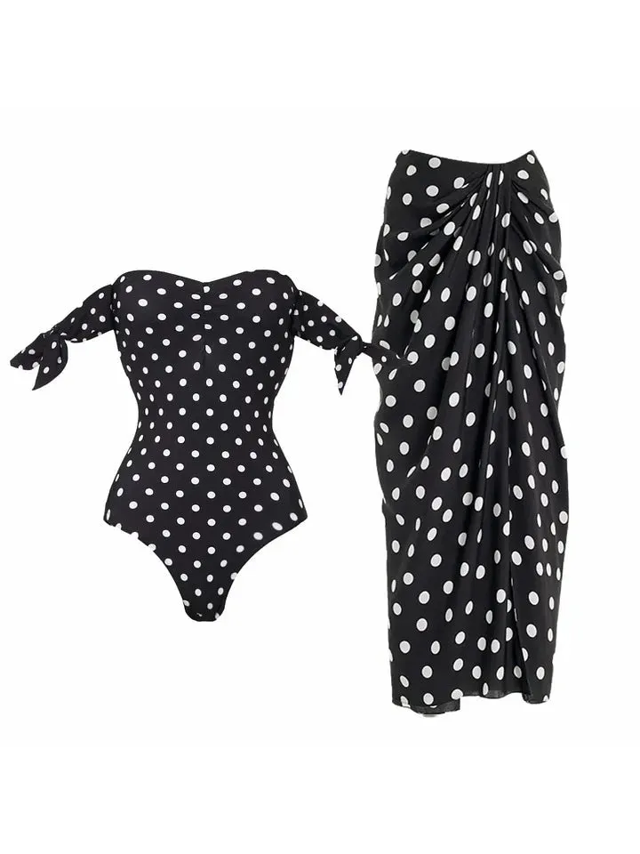 Polka Dot Off-Shoulder Swimsuit & Sarong Set by Swimwears, black with white dots