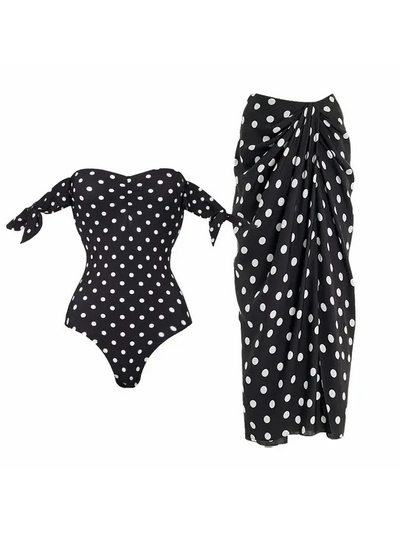 Polka Dot Off-Shoulder Swimsuit & Sarong Set by Swimwears, black with white dots