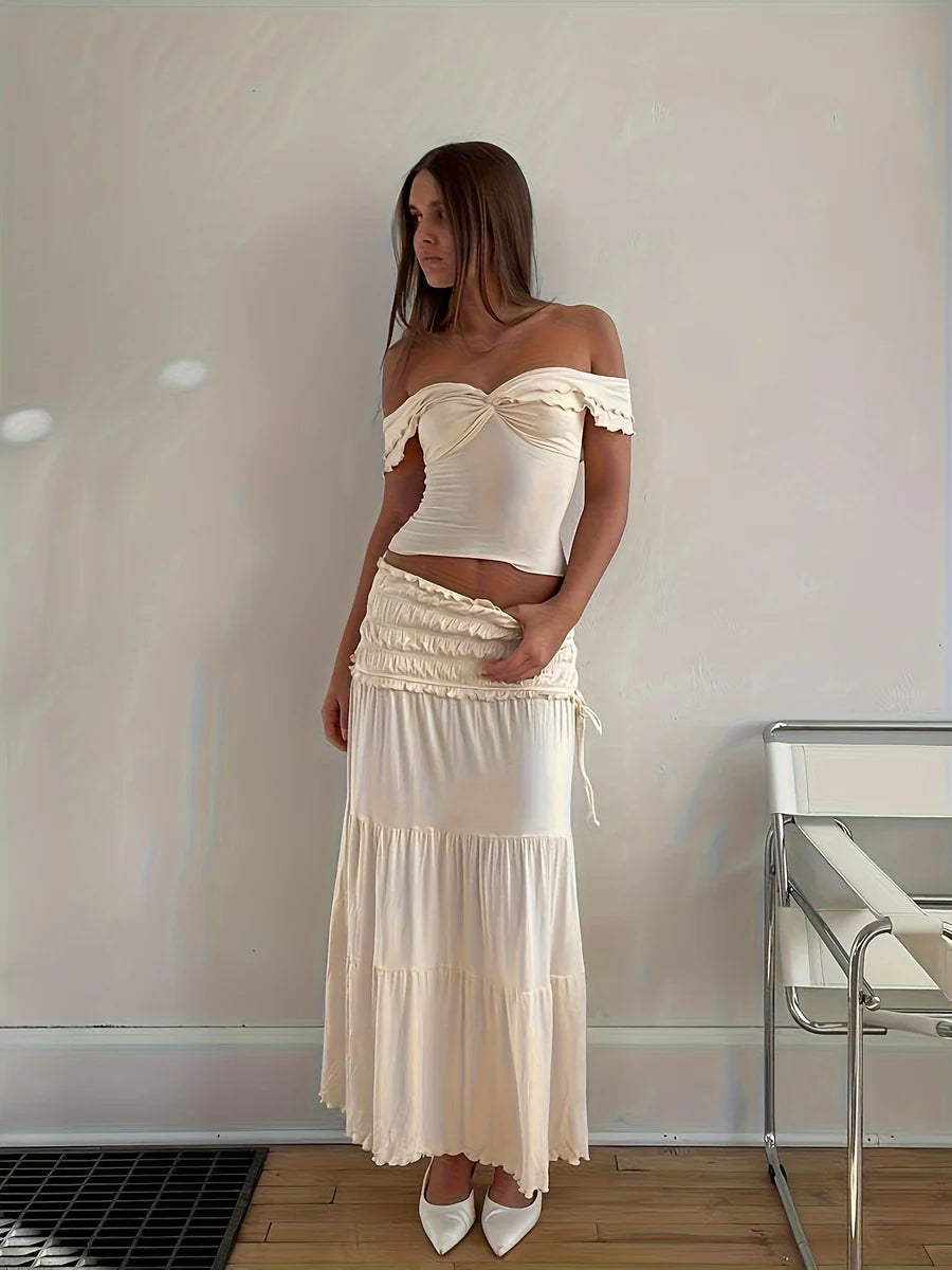 Ruffle Deep Neck Crop Top & Skirt Coord Set