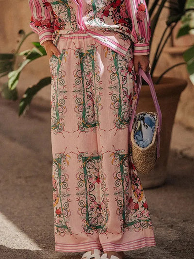 Floral Print Long Sleeve Shirt ＆ Wide Leg Pants Coord Set