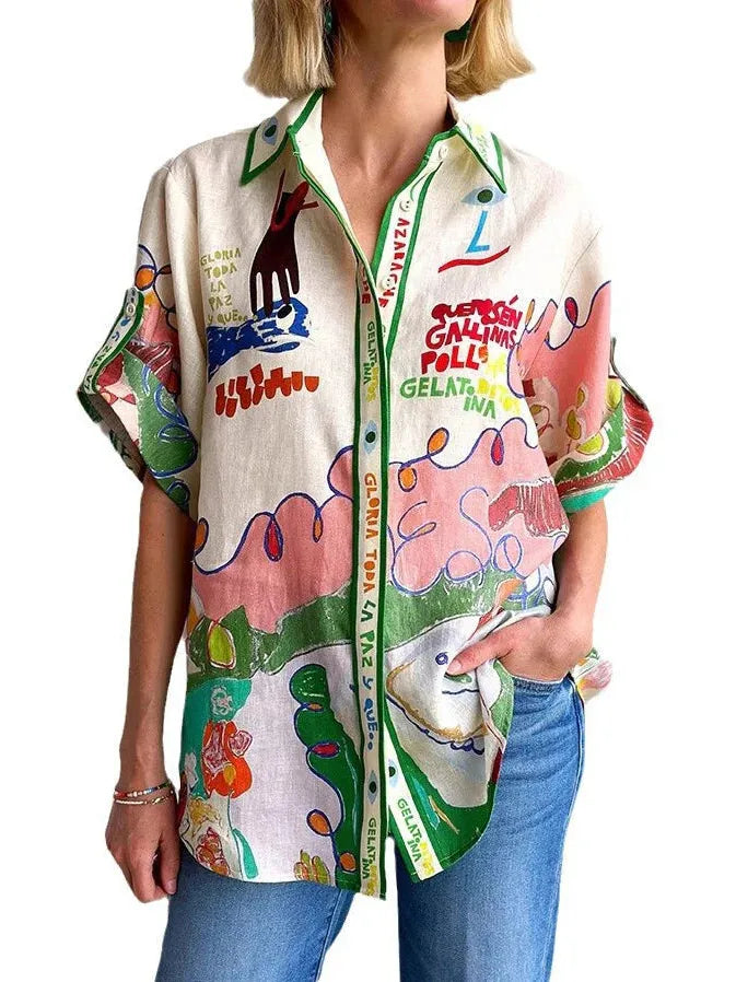 Letter Graphic Print Linen Shirt