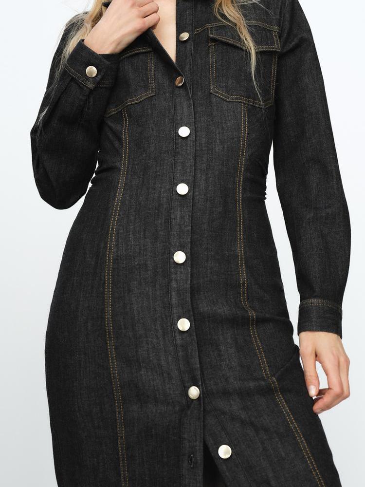 Denim Path Pockets Collared Dress