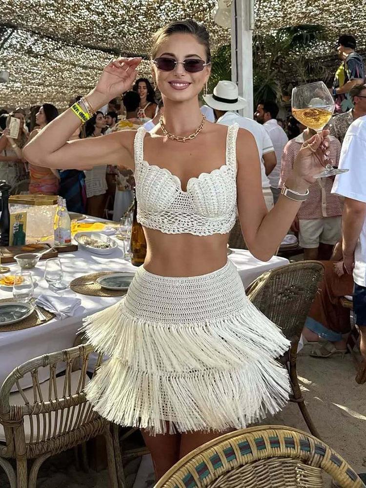 Crochet Bralette Crop Top & Tassel Skirt Coord Set