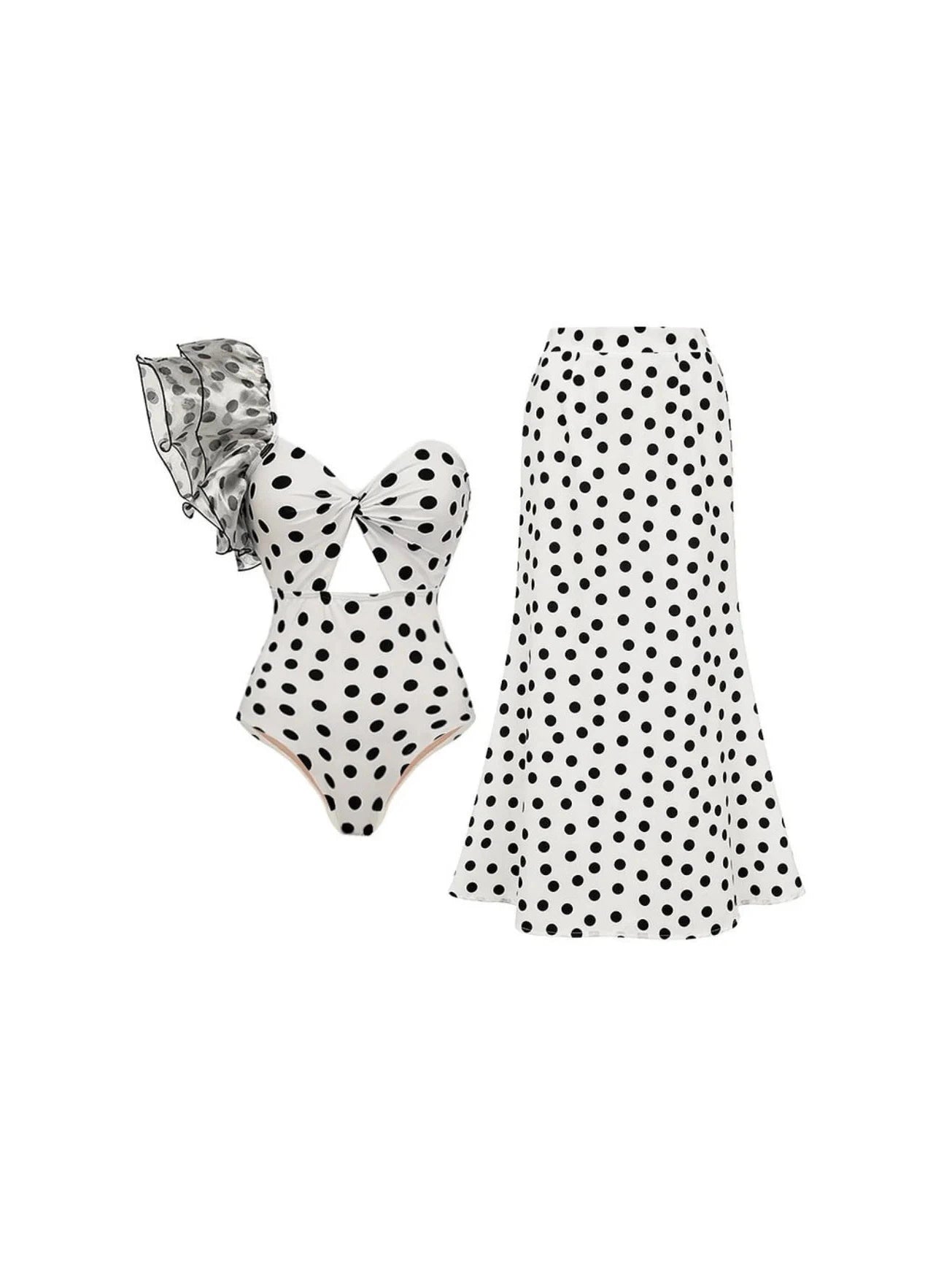 Polka Dot Ruffle One Shoulder Cutout Bodysuit & Skirt Swimsuit Set