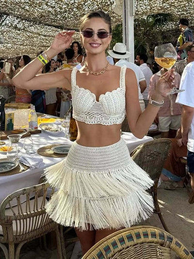 Crochet Bralette Crop Top & Tassel Skirt Coord Set