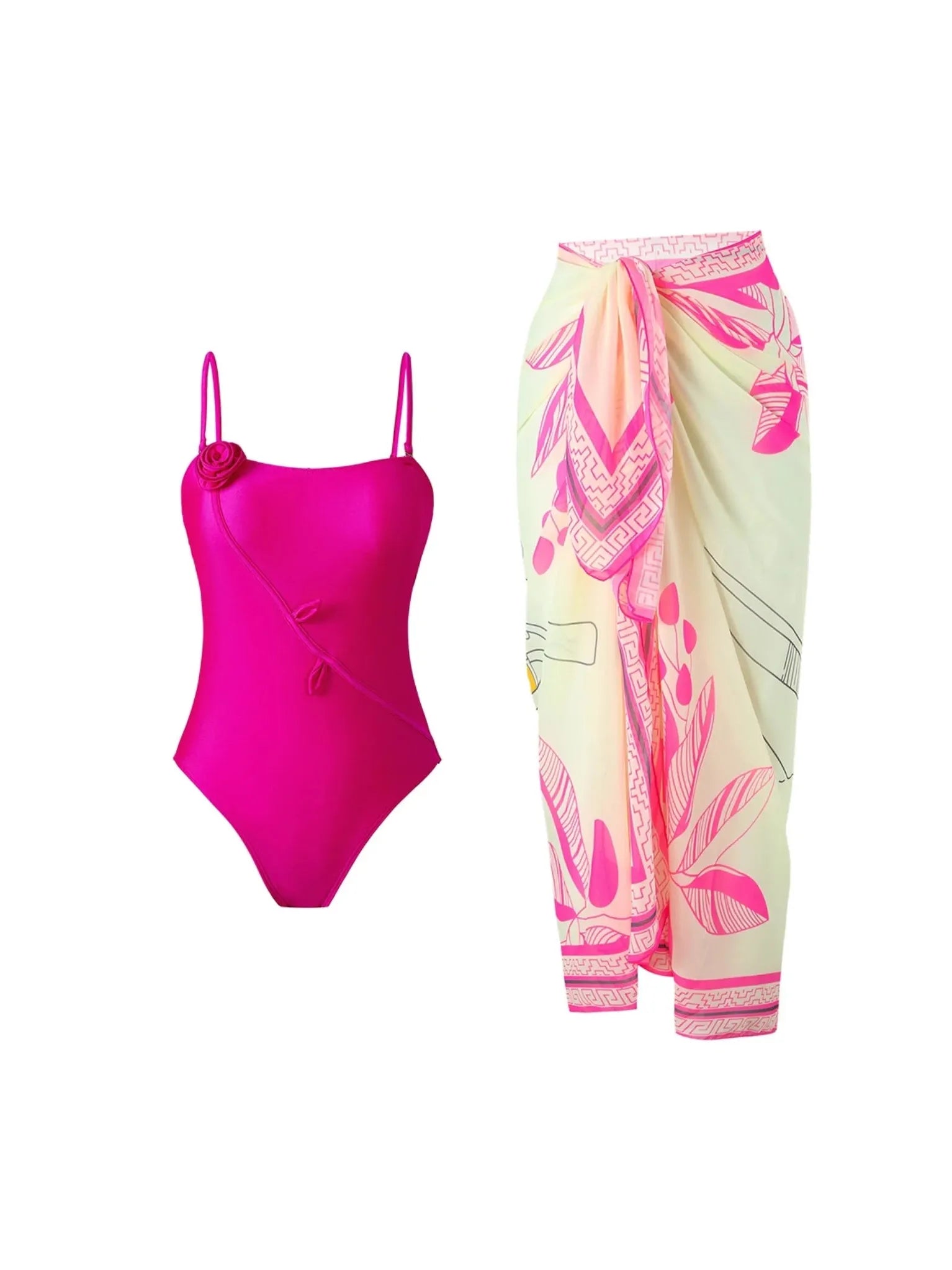 Abstract Applique print Bikini Swimsuit Set with Sarong Skirt