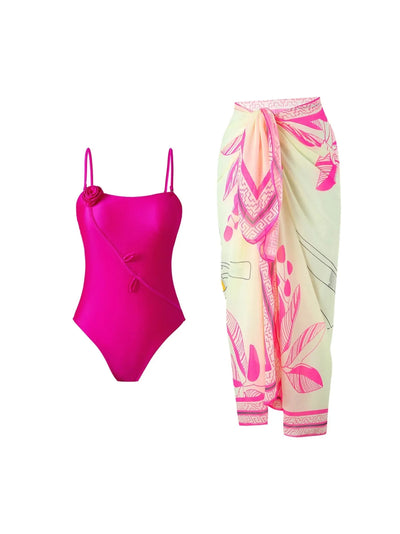 Abstract Applique print Bikini Swimsuit Set with Sarong Skirt