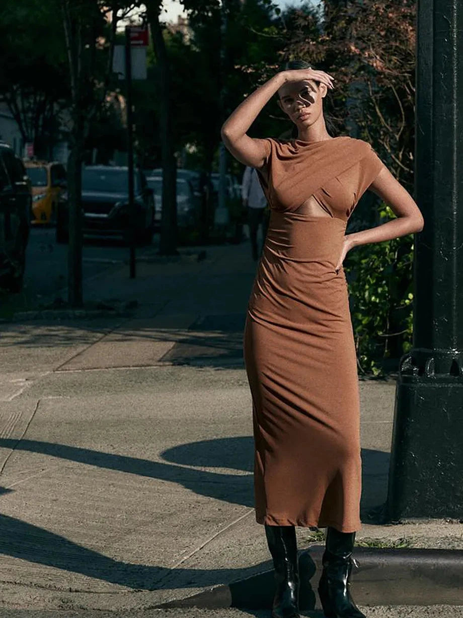 Boat Neck Backless Ruched Cutout Slit Maxi Dress Boat Neck Backless Ruched Cutout Slit Maxi Dress