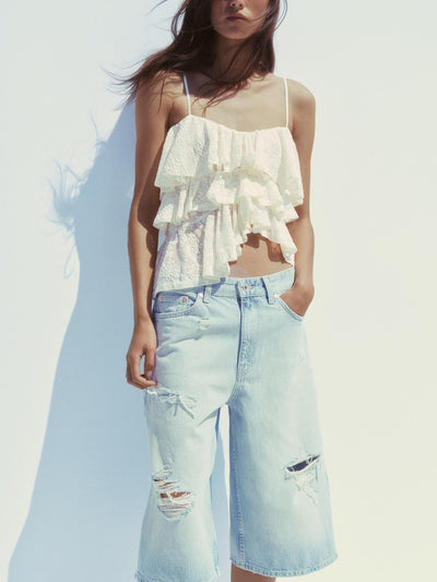 Asymmetric Lace Ruffle Top