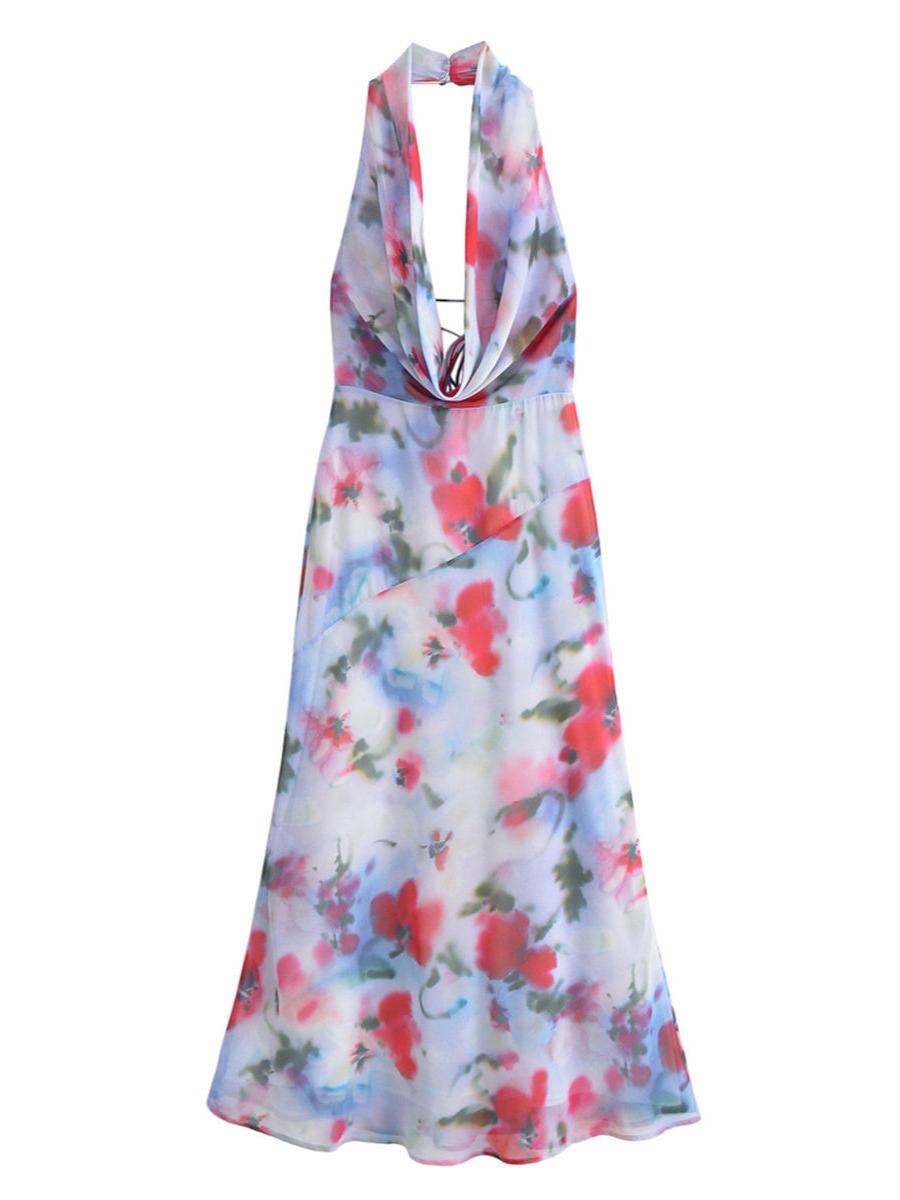 Elena Floral Print Halterneck Backless Mesh Dress
